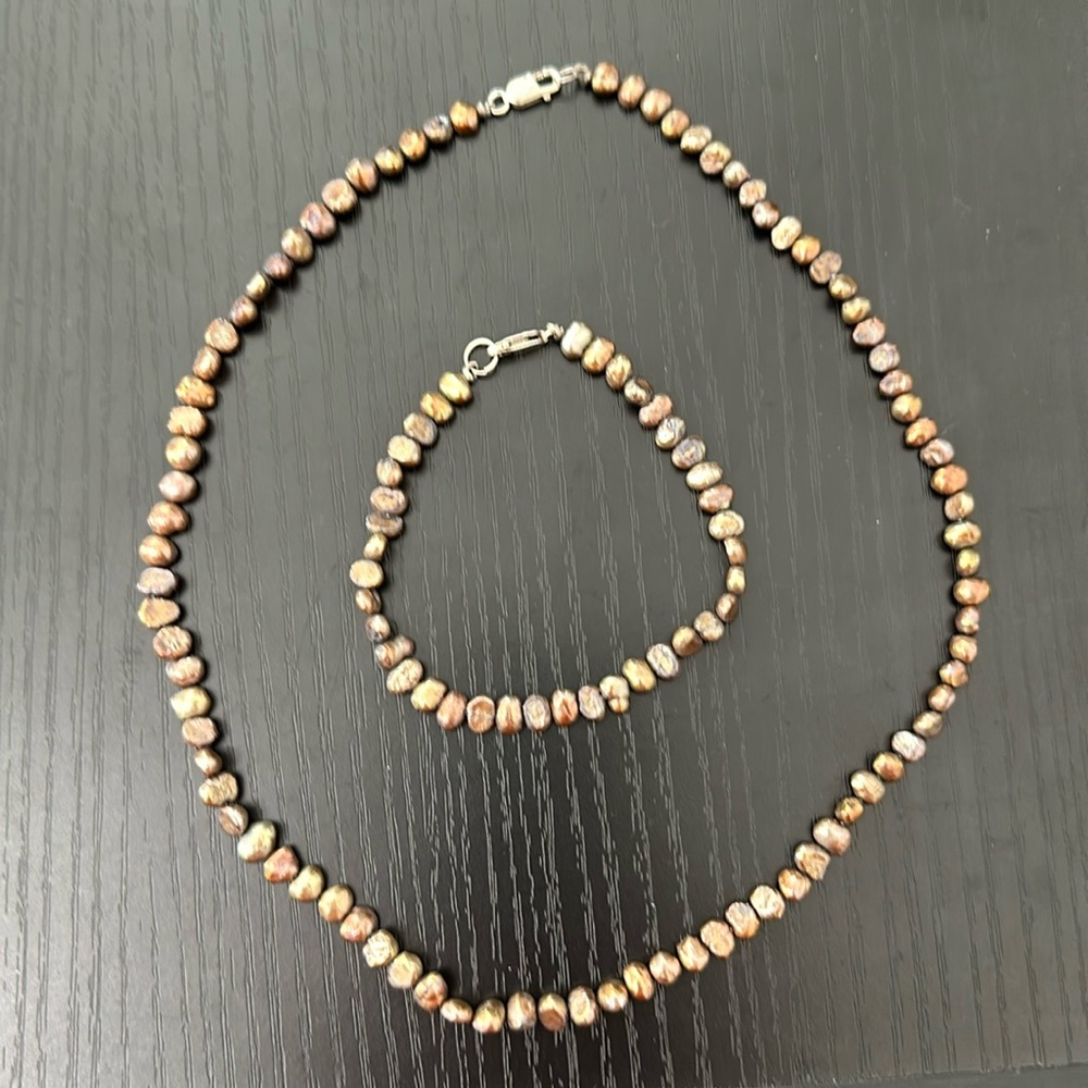 Dyed Bronze Pearl Necklace & Bracelet Set 925 Marked Lobster Claw Clasp Vintage